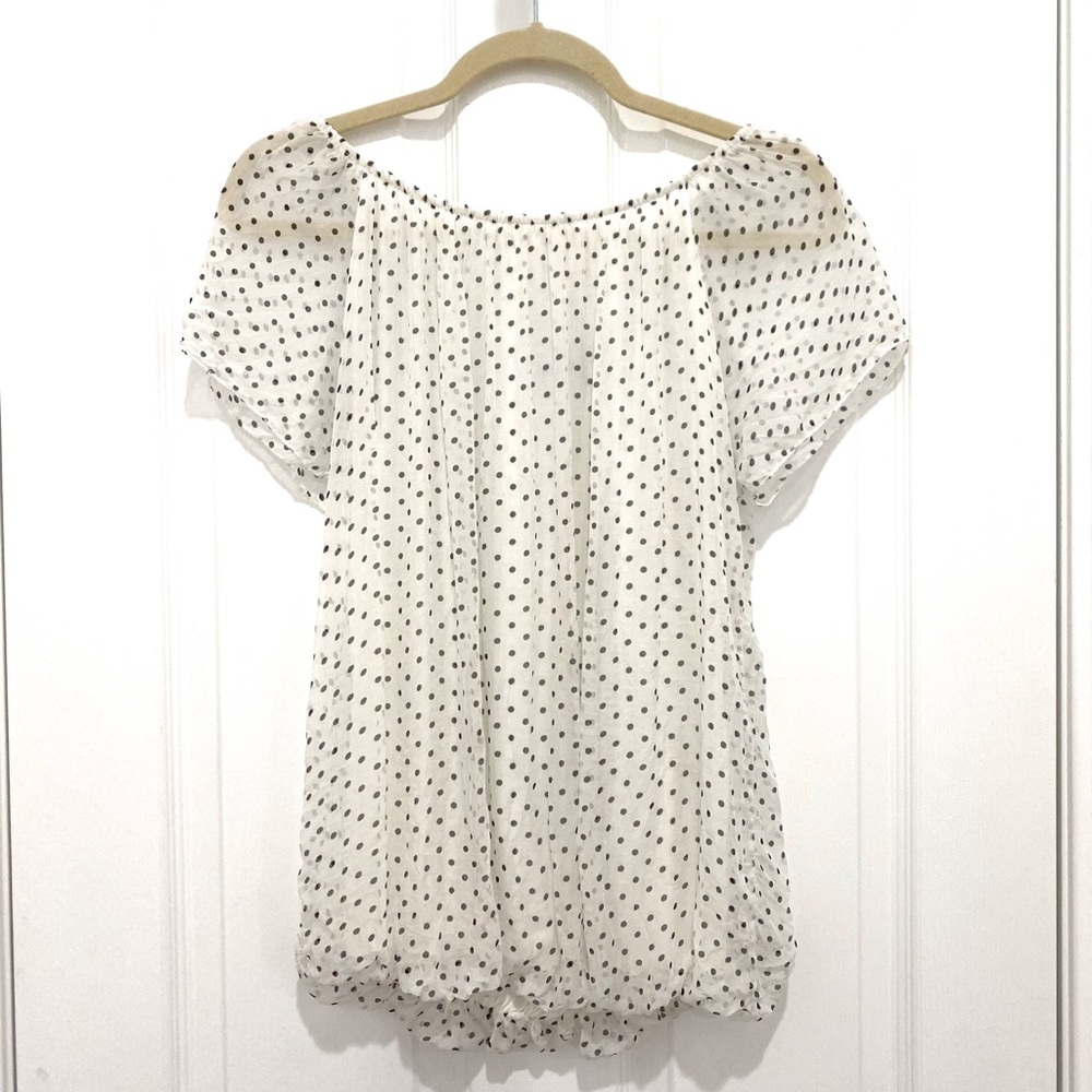 Silk white polka dot top off shoulder